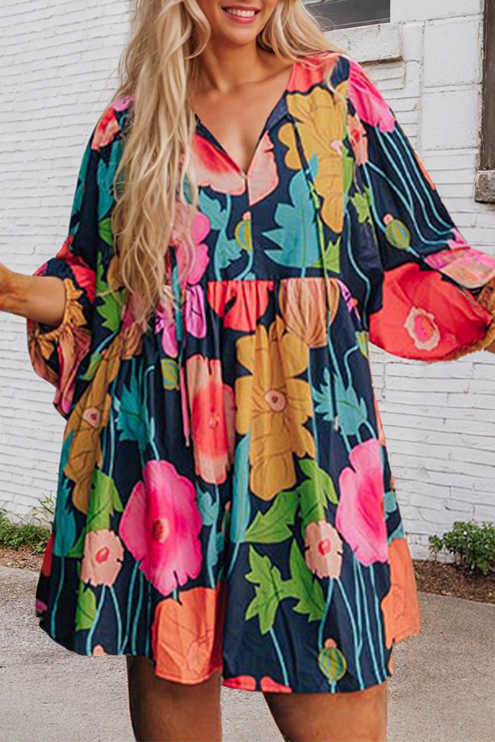 Plus Size Floral V Neck Balloon Sleeve Dress - Premium  from 66DISCO - Just $47.90! Shop now at Ida Louise Boutique