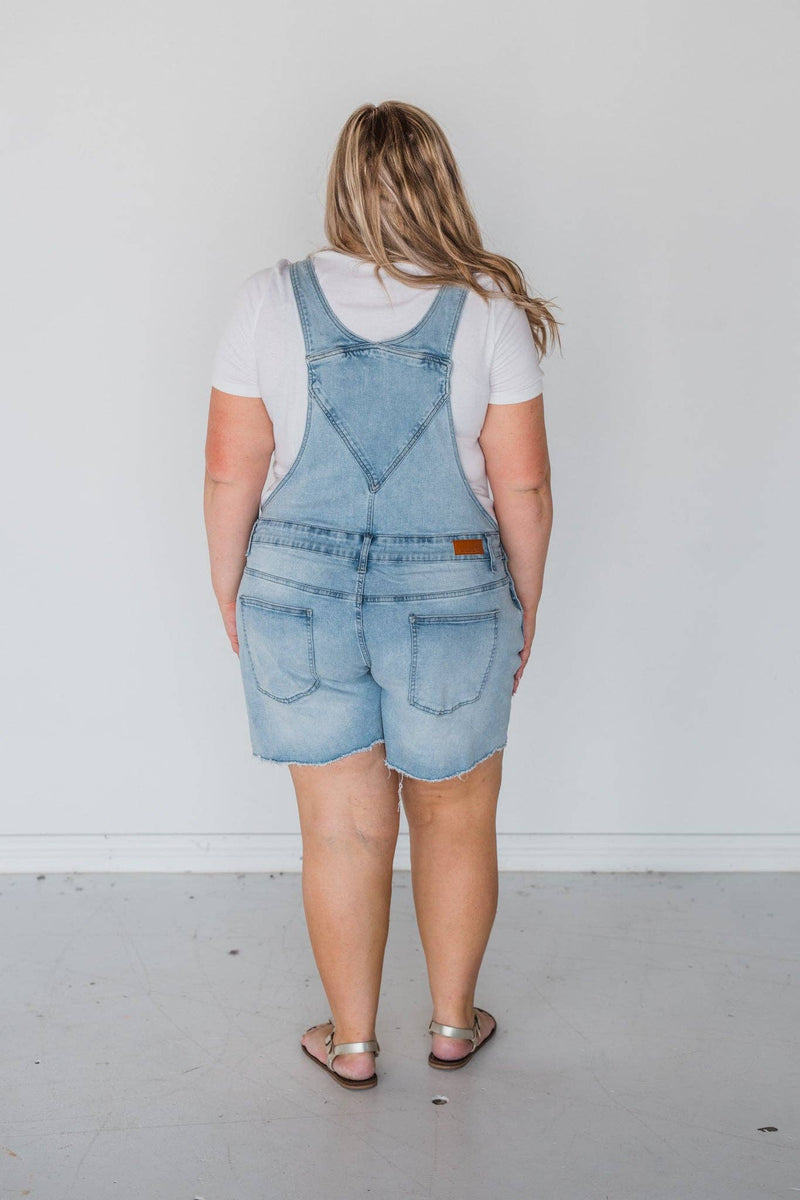 53002L, Light-Wash Overalls Shorts - Premium  from Rubies + Honey - Just $64! Shop now at Ida Louise Boutique