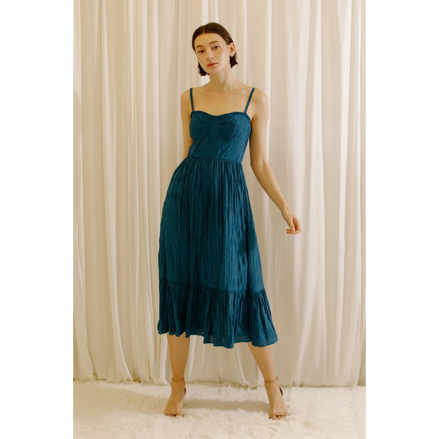 Monochromatic Teal Bustier Dress with or without Straps & Ruffled Hem