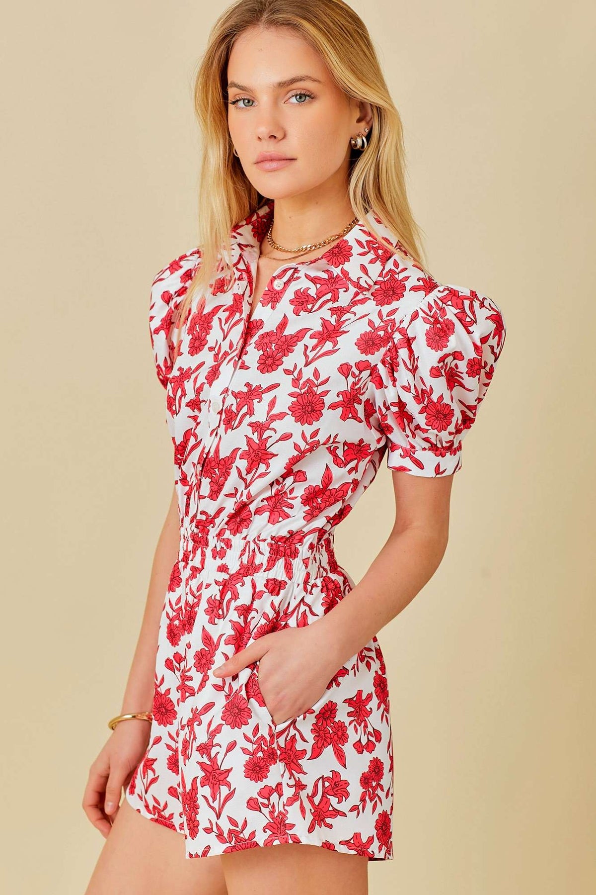 Puff Shoulder Floral Red Print Romper - Premium Romper from Main Strip - Just $54! Shop now at Ida Louise Boutique