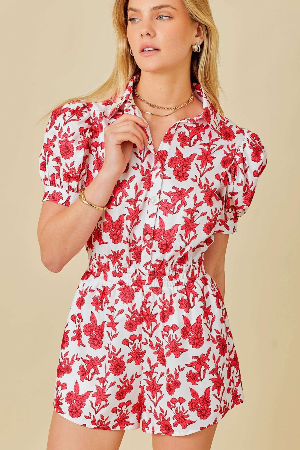 Puff Shoulder Floral Red Print Romper - Premium Romper from Main Strip - Just $54! Shop now at Ida Louise Boutique