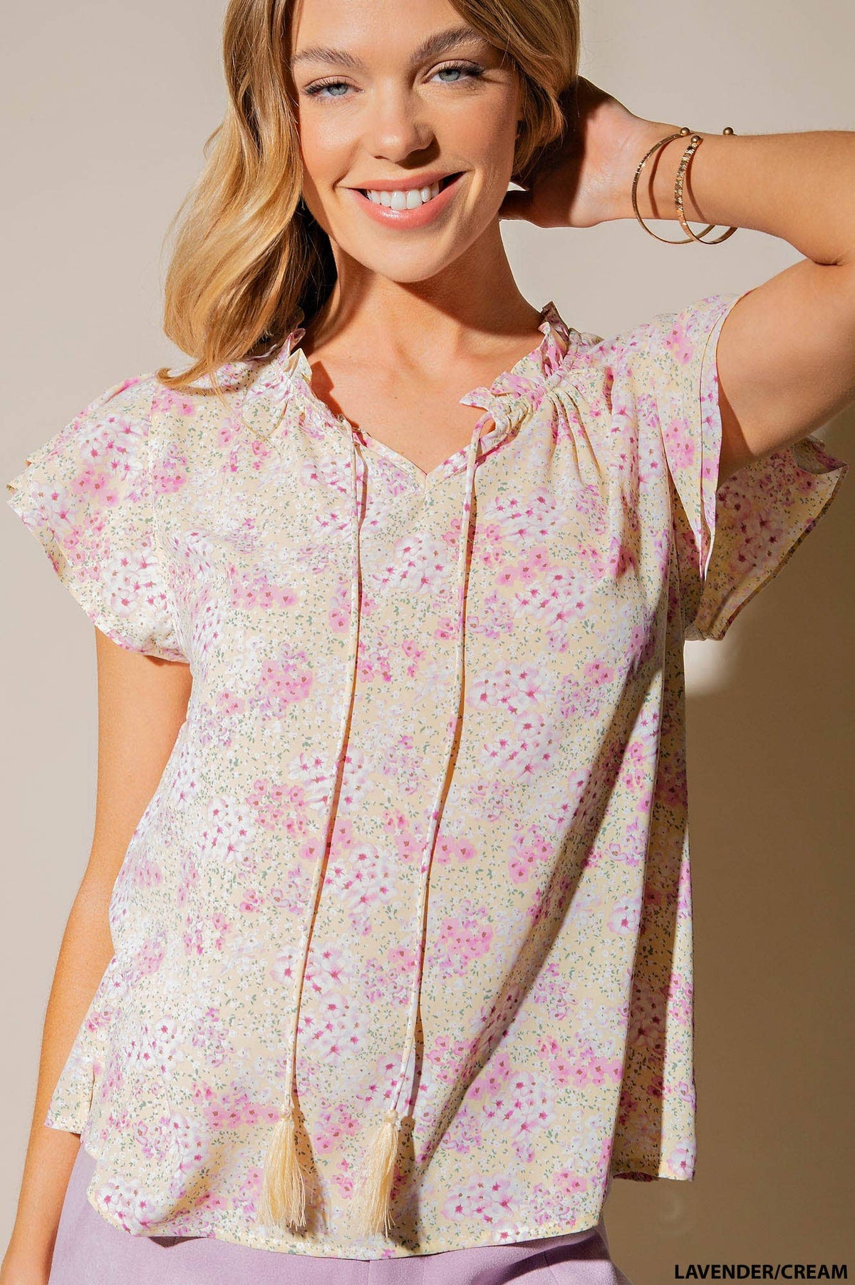 PRINTED POLY 3 LAYERS RUFFLE SLEEVES FRONT TIED - Premium Tops from Kori - Just $48! Shop now at Ida Louise Boutique