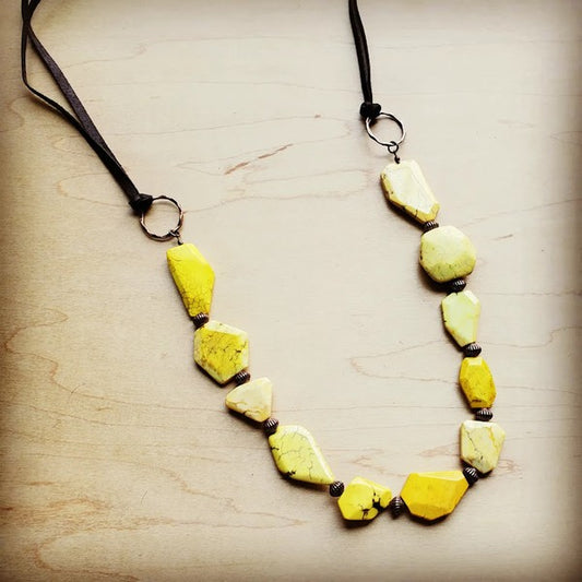 Yellow Turquoise Stone Necklace w/ Leather Ties
