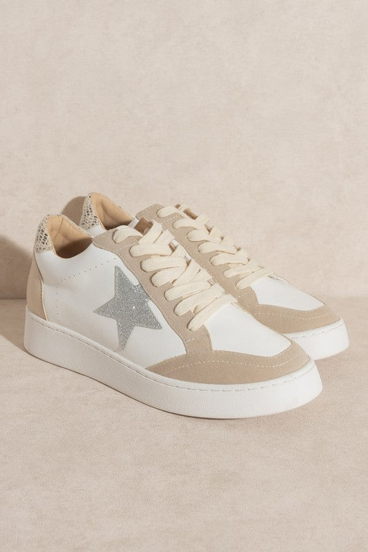 IRENE- Star Embellished Sneakers With Tan Trim