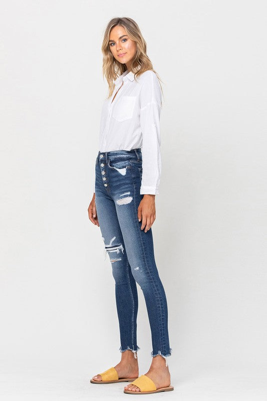Vervet High Rise Patched Button Up Raw Hem Ankle Skinny - Premium Jeans from VERVET by Flying Monkey - Just $68! Shop now at Ida Louise Boutique