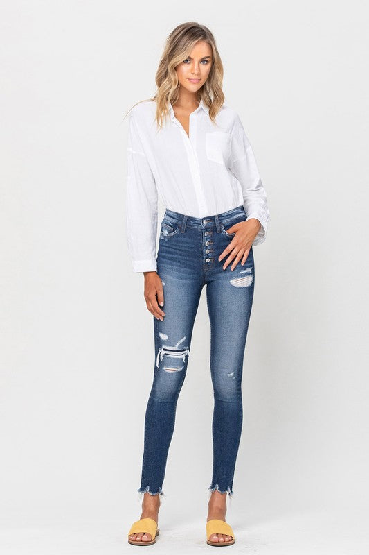 Vervet High Rise Patched Button Up Raw Hem Ankle Skinny - Premium Jeans from VERVET by Flying Monkey - Just $68! Shop now at Ida Louise Boutique