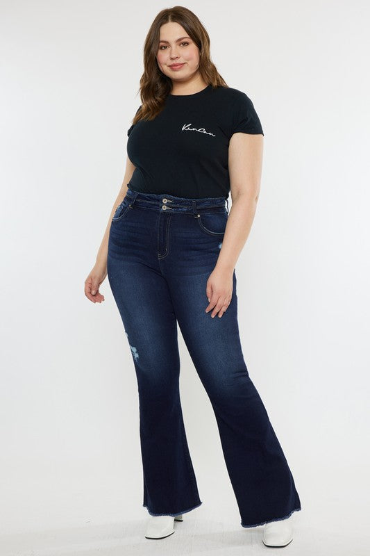 Plus High Rise Double WB Fray Hem Flare Jeans - Premium Jeans from Kan Can USA - Just $78! Shop now at Ida Louise Boutique