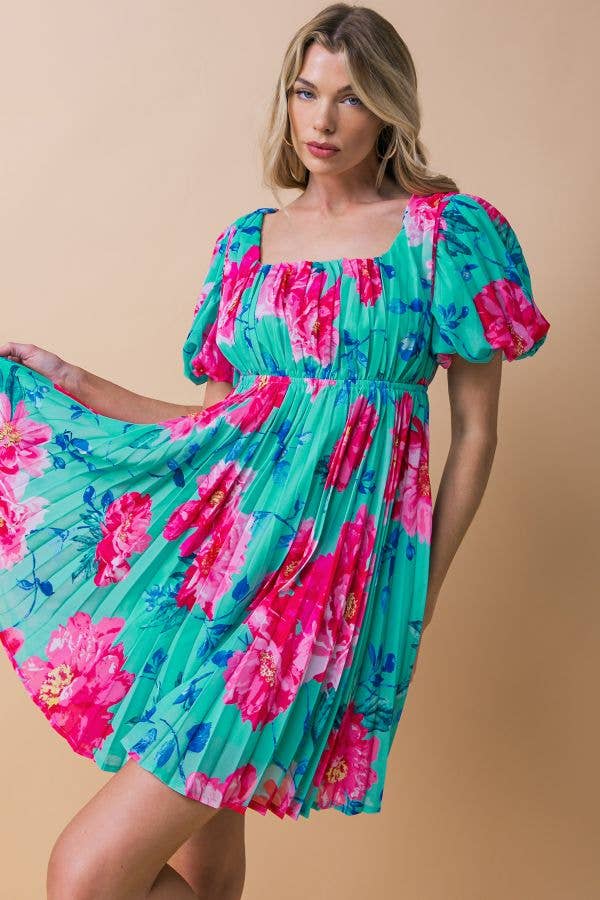 Teal & Pink Pleated Mini Dress - Premium Dresses from FLYING TOMATO - Just $68! Shop now at Ida Louise Boutique