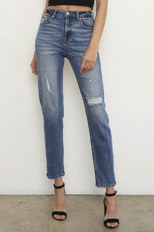 Insane Gene High Rise Distressed Dark Girlfriend Jeans - Premium Jeans from Insane Gene - Just $70! Shop now at Ida Louise Boutique