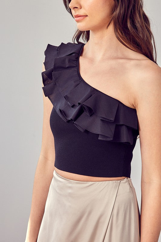 One Shoulder Knit Ruffled Top