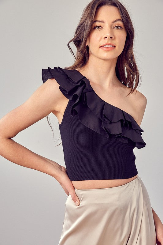 One Shoulder Knit Ruffled Top - Premium Tops from Do + Be Collection - Just $52! Shop now at Ida Louise Boutique