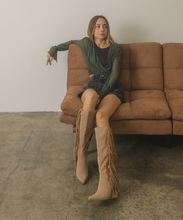 Knee  High Fringe Khaki Boots - Premium Knee High Boots from Oasis Society - Just $106! Shop now at Ida Louise Boutique