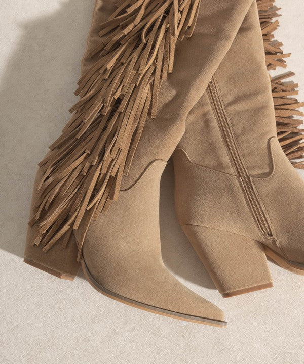 Knee  High Fringe Khaki Boots - Premium Knee High Boots from Oasis Society - Just $106! Shop now at Ida Louise Boutique