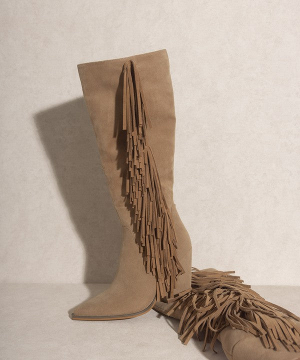 Knee  High Fringe Khaki Boots - Premium Knee High Boots from Oasis Society - Just $106! Shop now at Ida Louise Boutique