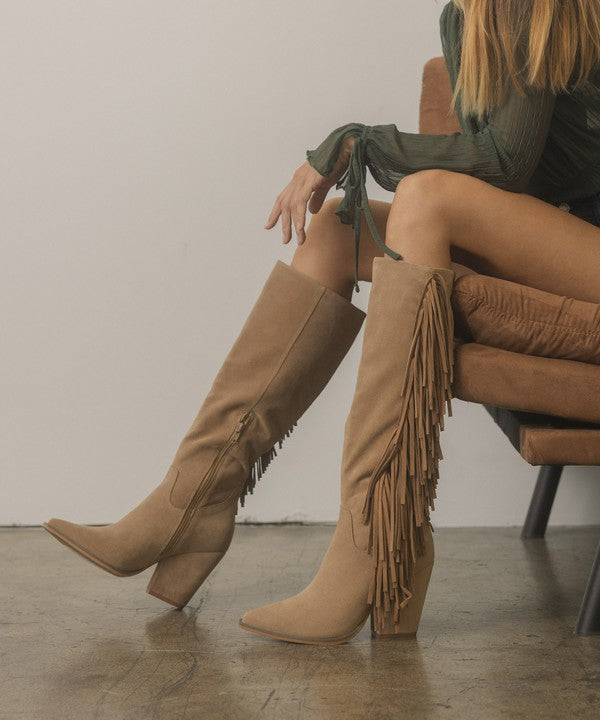 Knee  High Fringe Khaki Boots - Premium Shoes from Oasis Society - Just $106! Shop now at Ida Louise Boutique