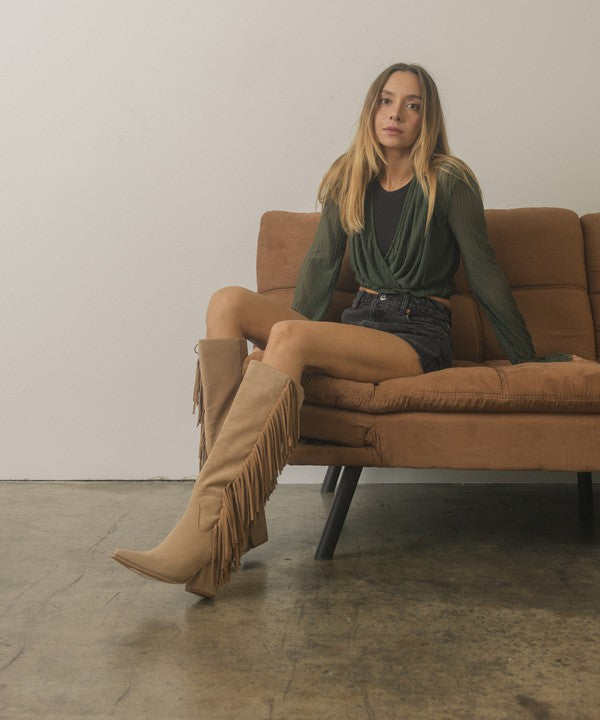 Knee  High Fringe Khaki Boots - Premium Knee High Boots from Oasis Society - Just $106! Shop now at Ida Louise Boutique