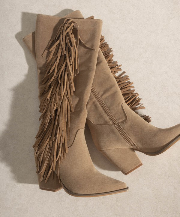 Knee  High Fringe Khaki Boots - Premium Knee High Boots from Oasis Society - Just $106! Shop now at Ida Louise Boutique