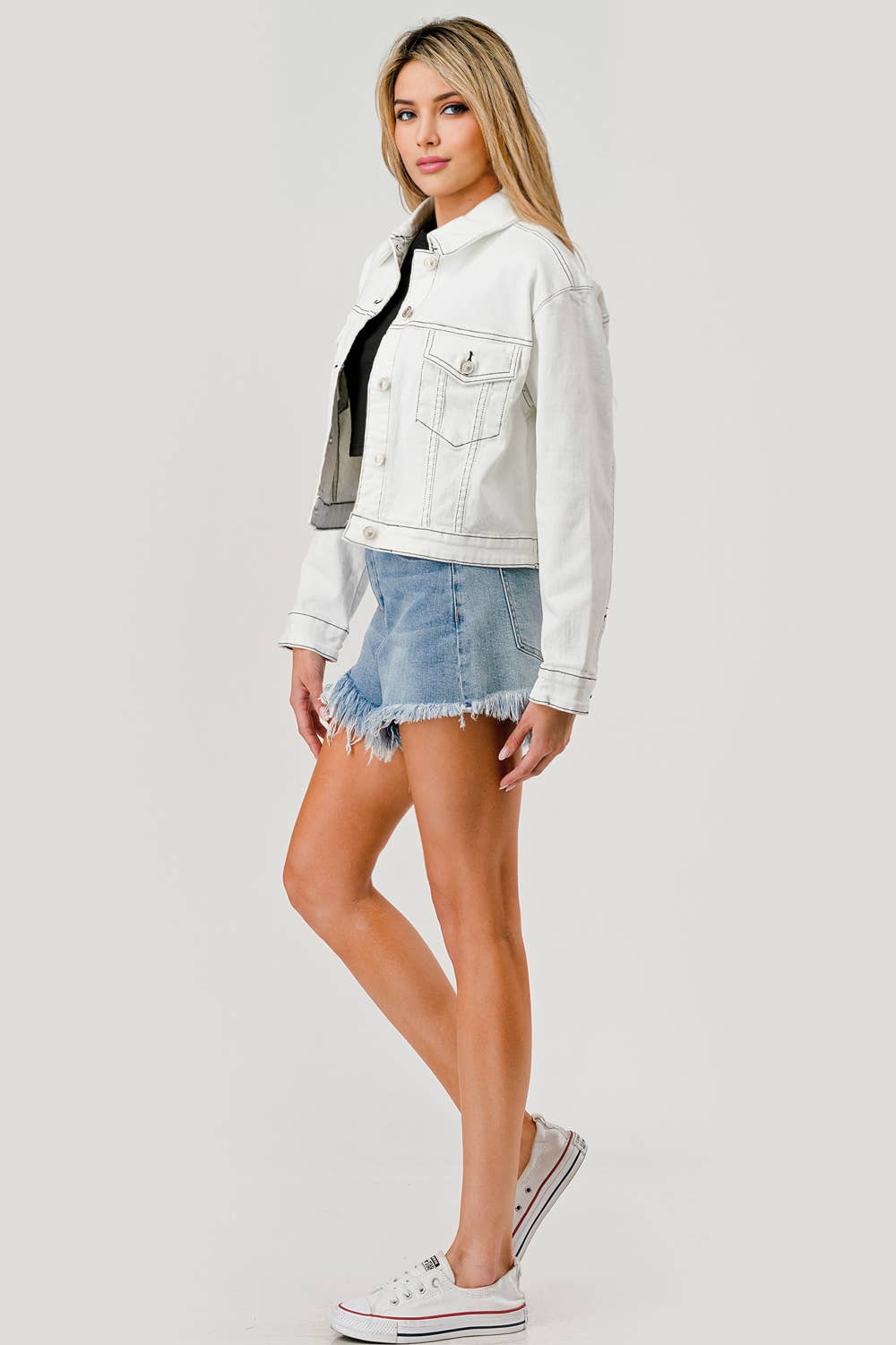 WHITE - CONTRAST STITCH WHITE DENIM JACKET - Premium Jacket from I&M JEAN, INC. - Just $68! Shop now at Ida Louise Boutique