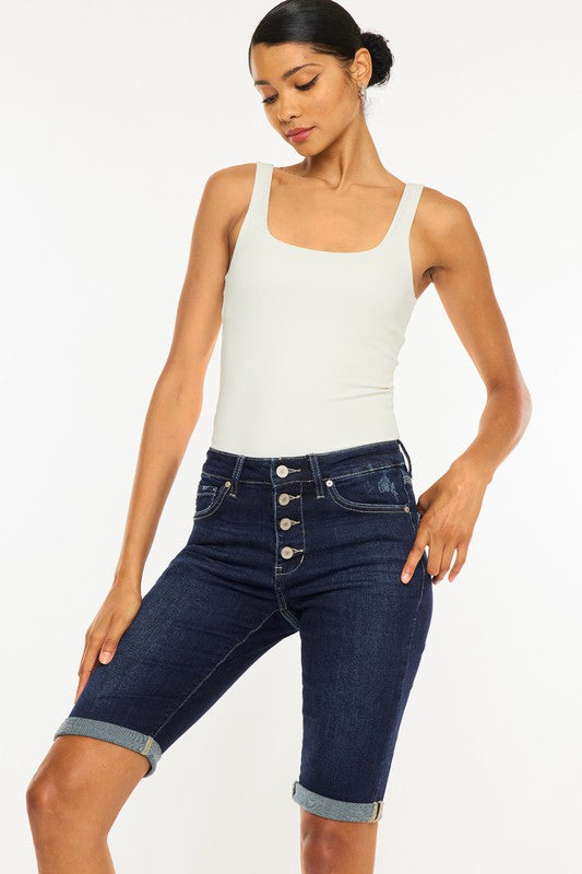 Kancan High Rise Button Down Cuffed Bermuda Jeans - Premium Shorts from Kan Can USA - Just $50! Shop now at Ida Louise Boutique
