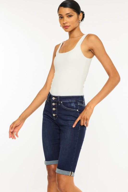 Kancan High Rise Button Down Cuffed Bermuda Jeans - Premium Shorts from Kan Can USA - Just $50! Shop now at Ida Louise Boutique