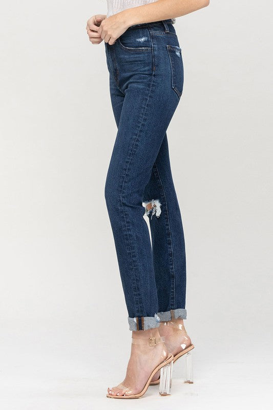 Vervet Distressed Roll Up Stretch Mom Jeans - Premium Jeans from VERVET by Flying Monkey - Just $64! Shop now at Ida Louise Boutique