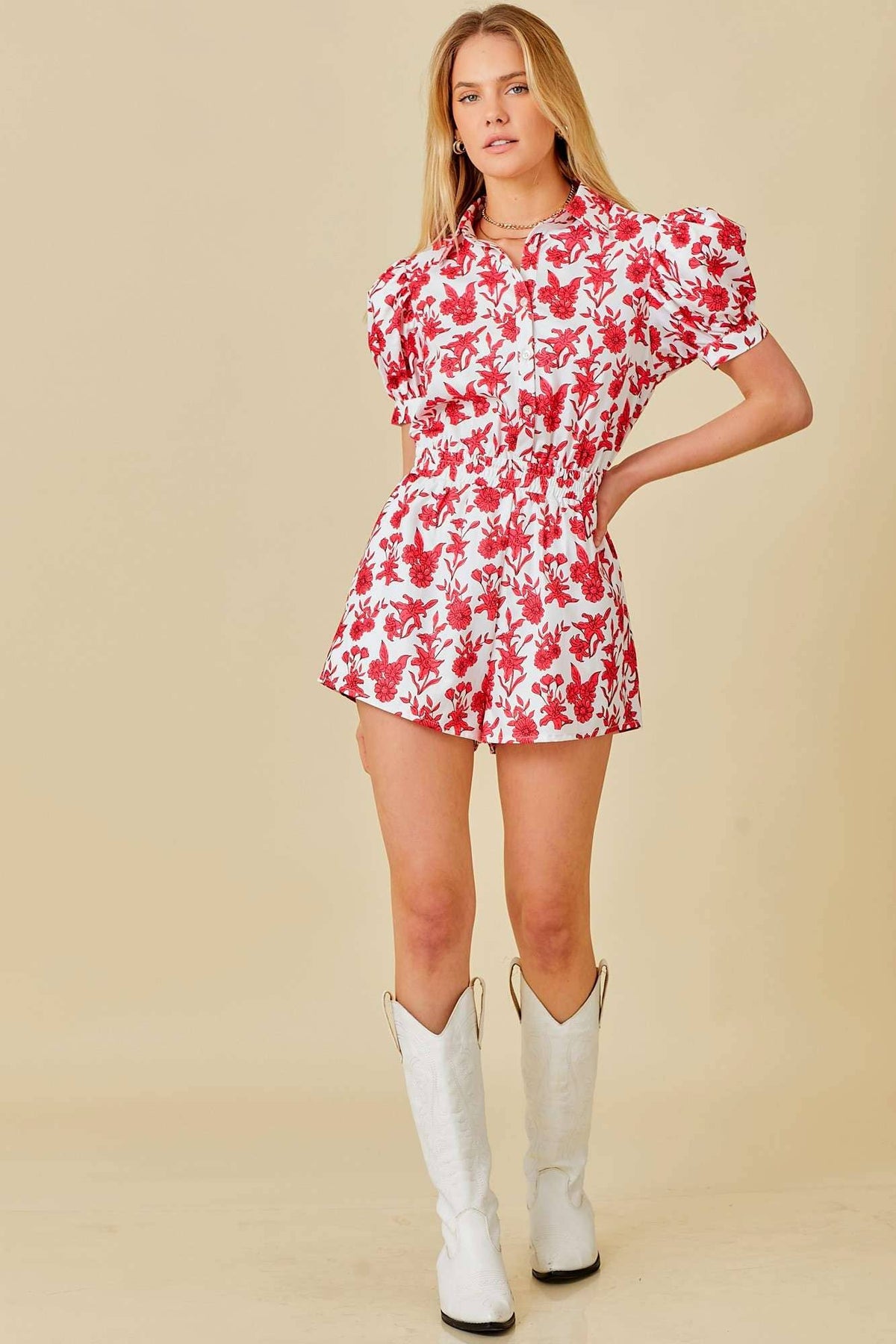 Puff Shoulder Floral Print Romper - Premium  from Main Strip - Just $51! Shop now at Ida Louise Boutique