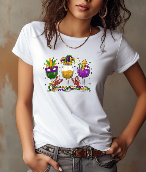 Mardi Gras Wine Glass Crew Neck Graphic Tee - Premium T-Shirt from Ocean and 7th - Just $30! Shop now at Ida Louise Boutique