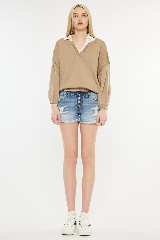 Low Rise WB Detail Button Down Shorts Jeans - Premium Shorts from Kan Can USA - Just $50! Shop now at Ida Louise Boutique