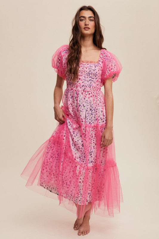 Floral Print Pink Puff Sleeve Mesh Maxi Dress - Premium Dresses from Ida Louise Boutique - Just $66! Shop now at Ida Louise Boutique