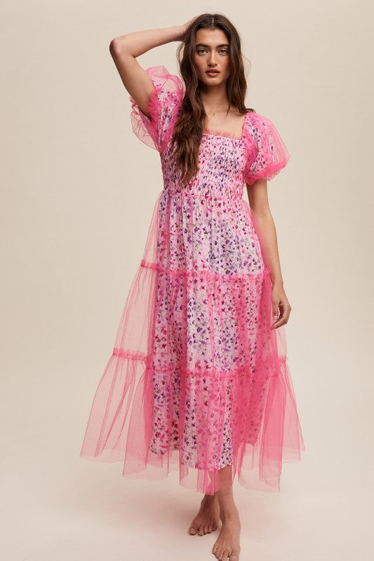Floral Print Pink Puff Sleeve Mesh Maxi Dress - Premium Dresses from Ida Louise Boutique - Just $66! Shop now at Ida Louise Boutique
