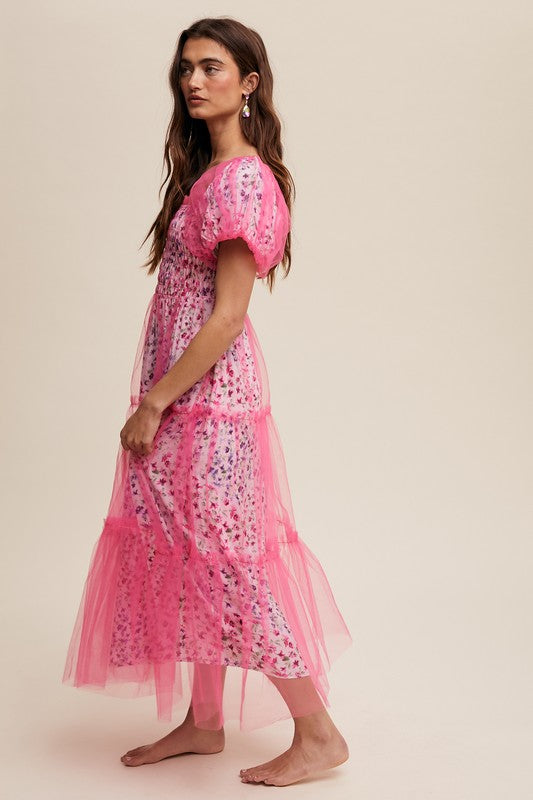 Floral Print Pink Puff Sleeve Mesh Maxi Dress - Premium Dresses from Ida Louise Boutique - Just $66! Shop now at Ida Louise Boutique