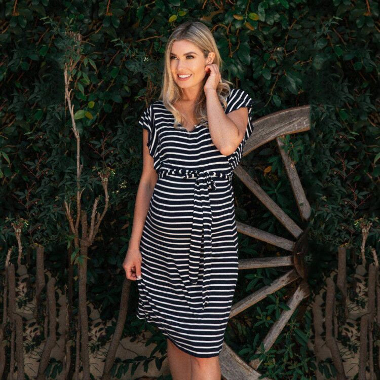 Fashion Pregnancy Stripe Cotton Dress With Tie Waist - Premium Maternity from Ida Louise Boutique - Just $9.88! Shop now at Ida Louise Boutique