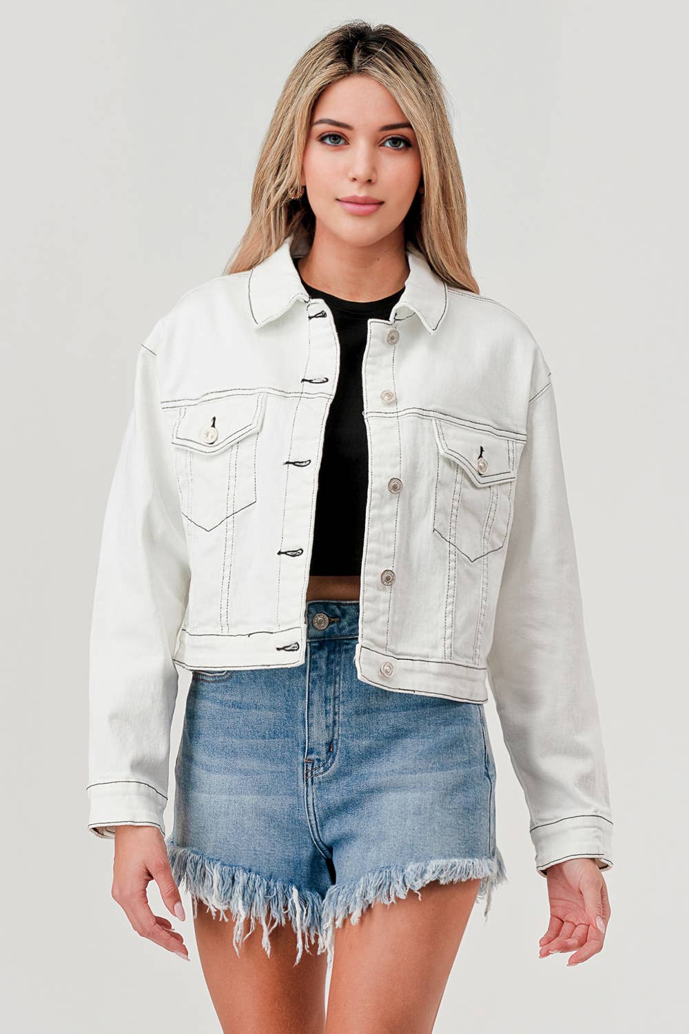 WHITE - CONTRAST STITCH WHITE DENIM JACKET - Premium Jacket from I&M JEAN, INC. - Just $68! Shop now at Ida Louise Boutique