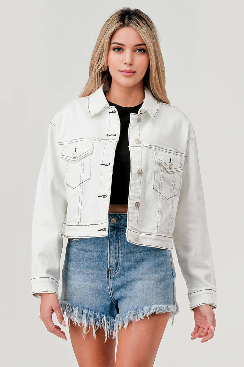 WHITE - CONTRAST STITCH WHITE DENIM JACKET - Premium Jacket from I&M JEAN, INC. - Just $68! Shop now at Ida Louise Boutique