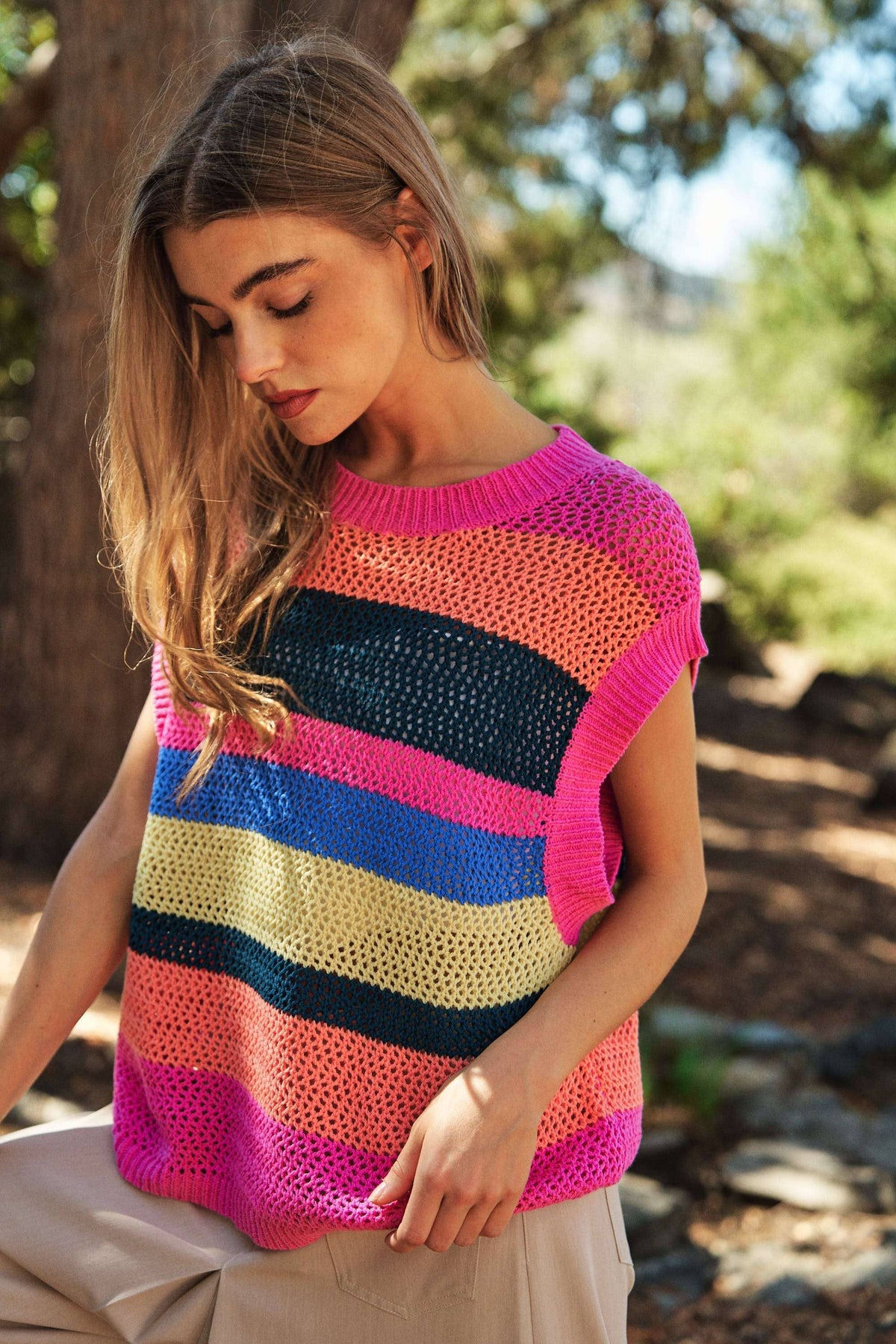 PLUS CROCHET MULTI STRIPED PULLOVER KNIT VEST - Premium Tops from Davi & Dani - Just $50! Shop now at Ida Louise Boutique