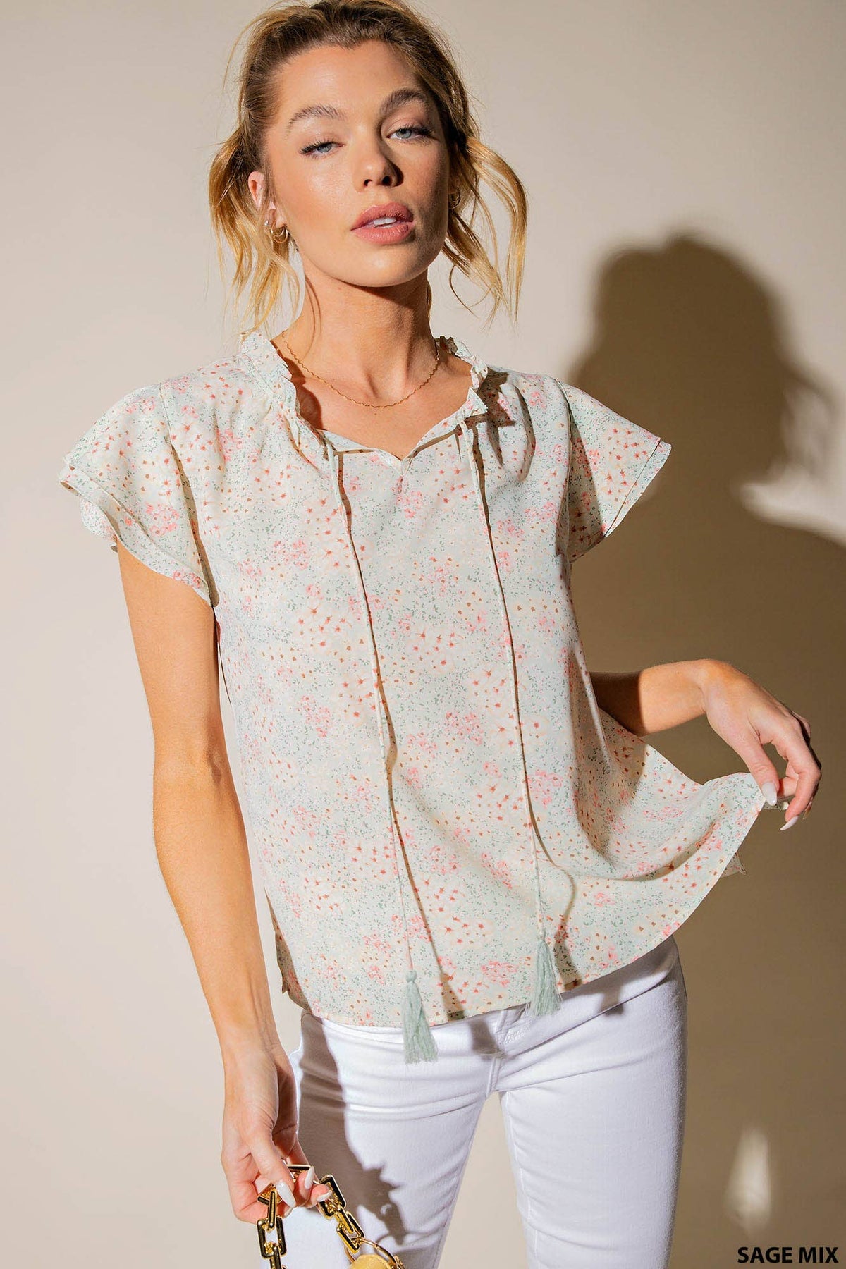 PRINTED POLY 3 LAYERS RUFFLE SLEEVES FRONT TIED - Premium Tops from Kori - Just $48! Shop now at Ida Louise Boutique