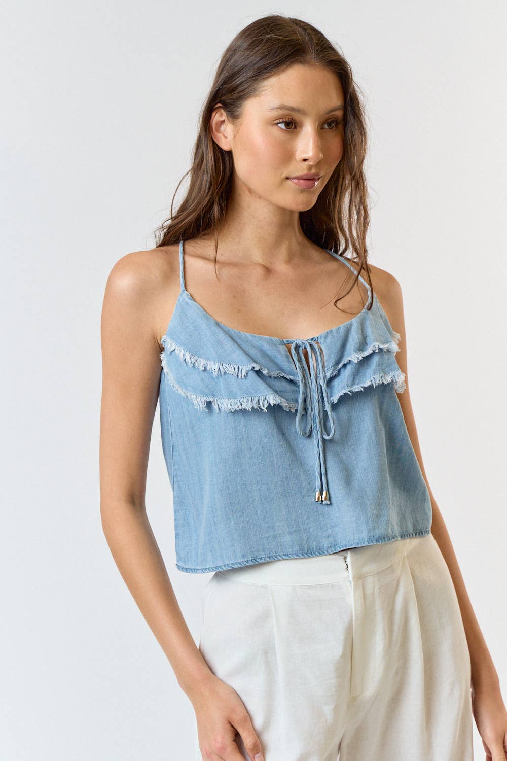 FRAYED LAYER DETAIL CROSSED Back Denim Tank - Premium Tops from Lalavon - Just $38! Shop now at Ida Louise Boutique