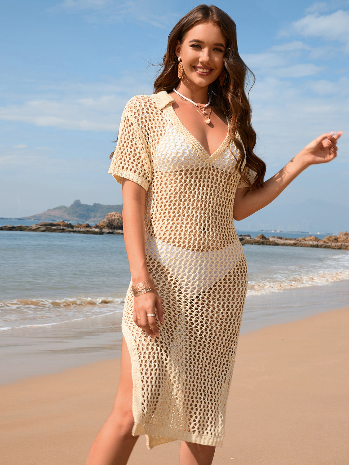 Slit Openwork Johnny Collar Short Sleeve Cover-Up - Premium Cover-up from Trendsi - Just $36! Shop now at Ida Louise Boutique