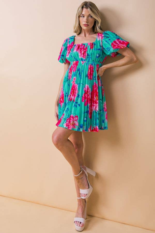 Teal & Pink Pleated Mini Dress - Premium Dresses from FLYING TOMATO - Just $68! Shop now at Ida Louise Boutique