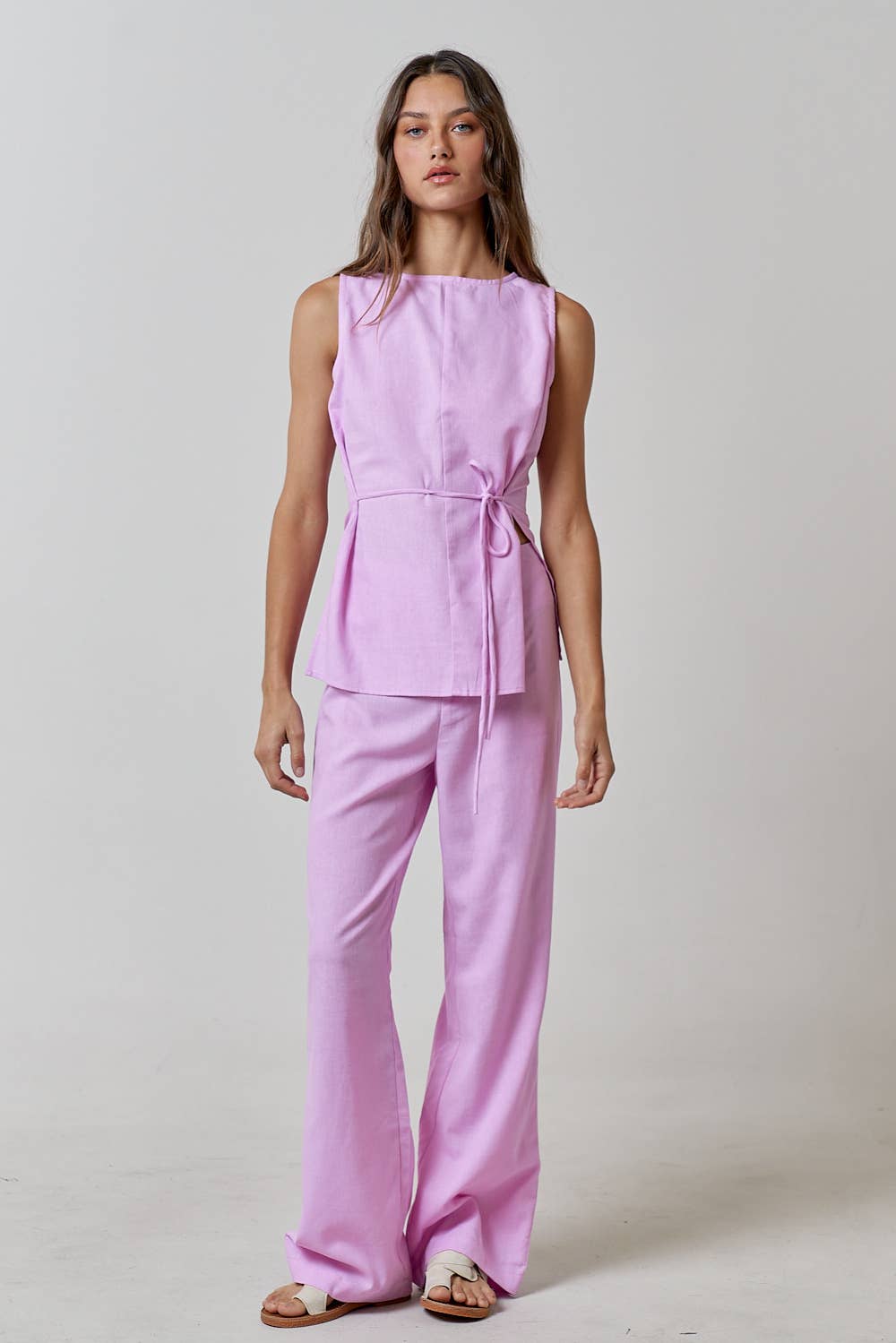 ILS3563 LINEN ROUND NECK WAIST TIE TOP AND LONG PANT SETS - Premium  from Lalavon - Just $90! Shop now at Ida Louise Boutique