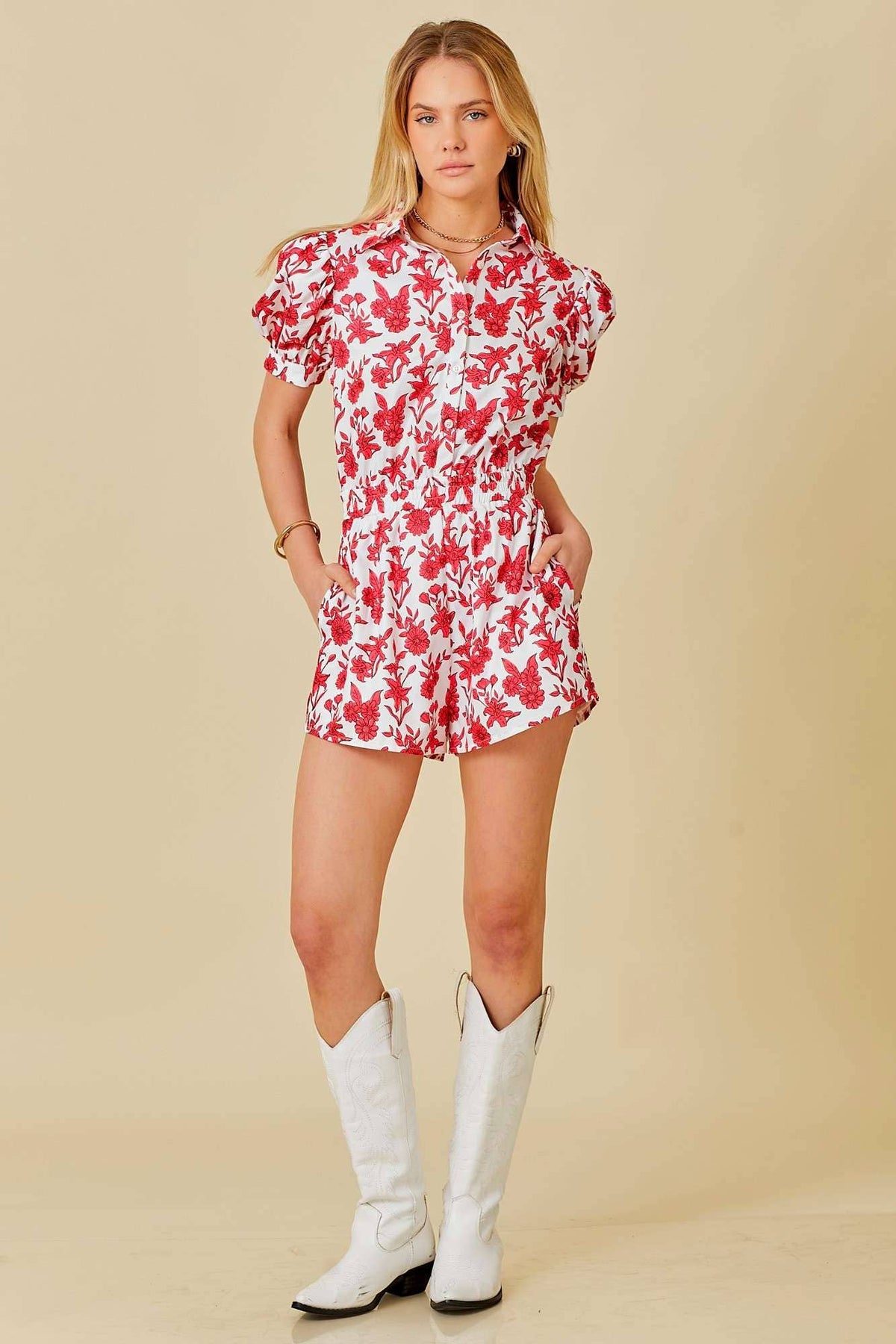 Puff Shoulder Floral Print Romper - Premium  from Main Strip - Just $51! Shop now at Ida Louise Boutique