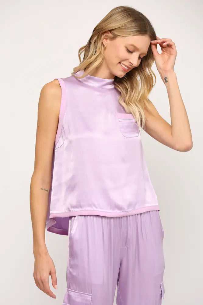 Lily Satin Purple Tank with Pocket - Premium Blouse from FATE - Just $38! Shop now at Ida Louise Boutique