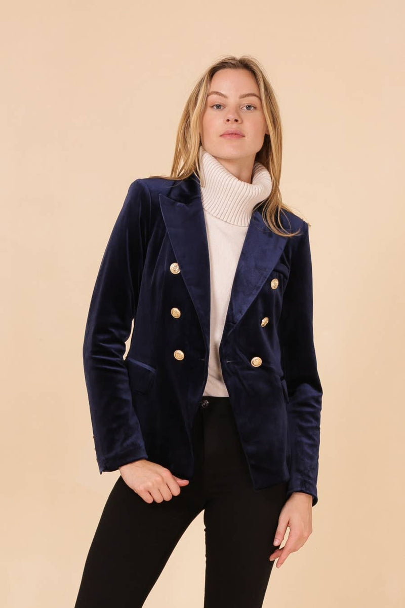 Double-breasted Velvet Blazer with Gold Buttons Navy or Magenta - Premium Blazer from CHOKLATE PARIS - Just $108! Shop now at Ida Louise Boutique