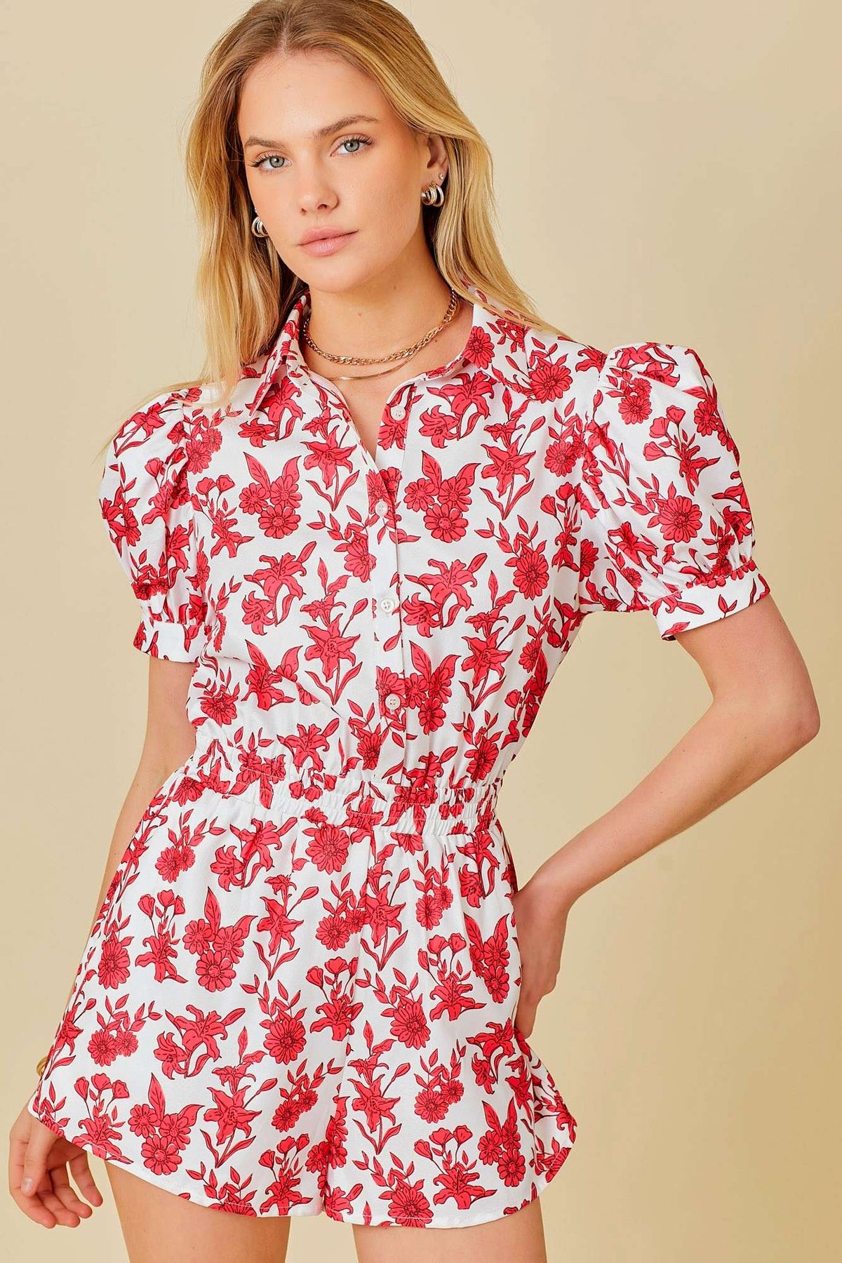 Puff Shoulder Floral Red Print Romper - Premium Romper from Main Strip - Just $54! Shop now at Ida Louise Boutique