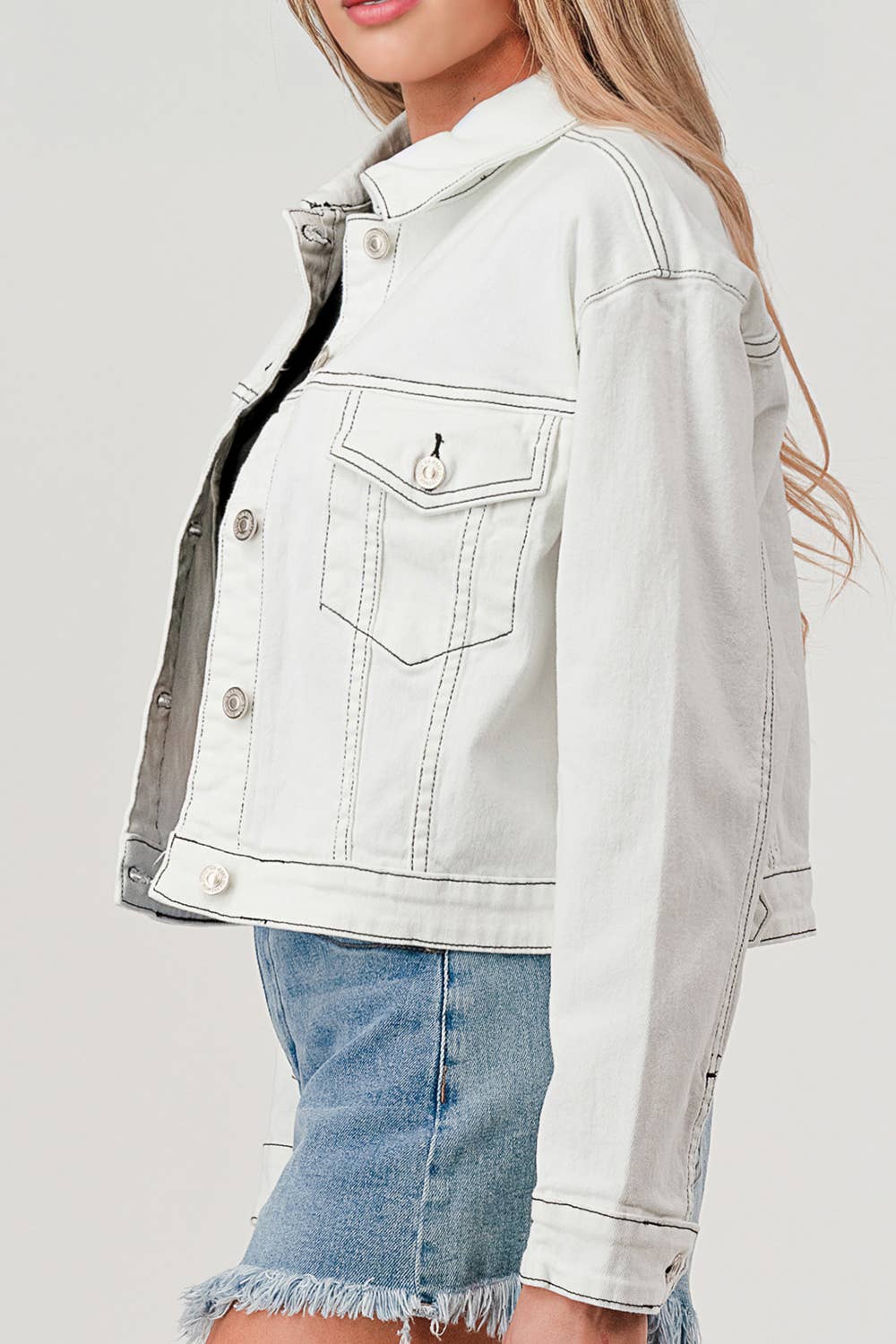 WHITE - CONTRAST STITCH WHITE DENIM JACKET - Premium Jacket from I&M JEAN, INC. - Just $68! Shop now at Ida Louise Boutique