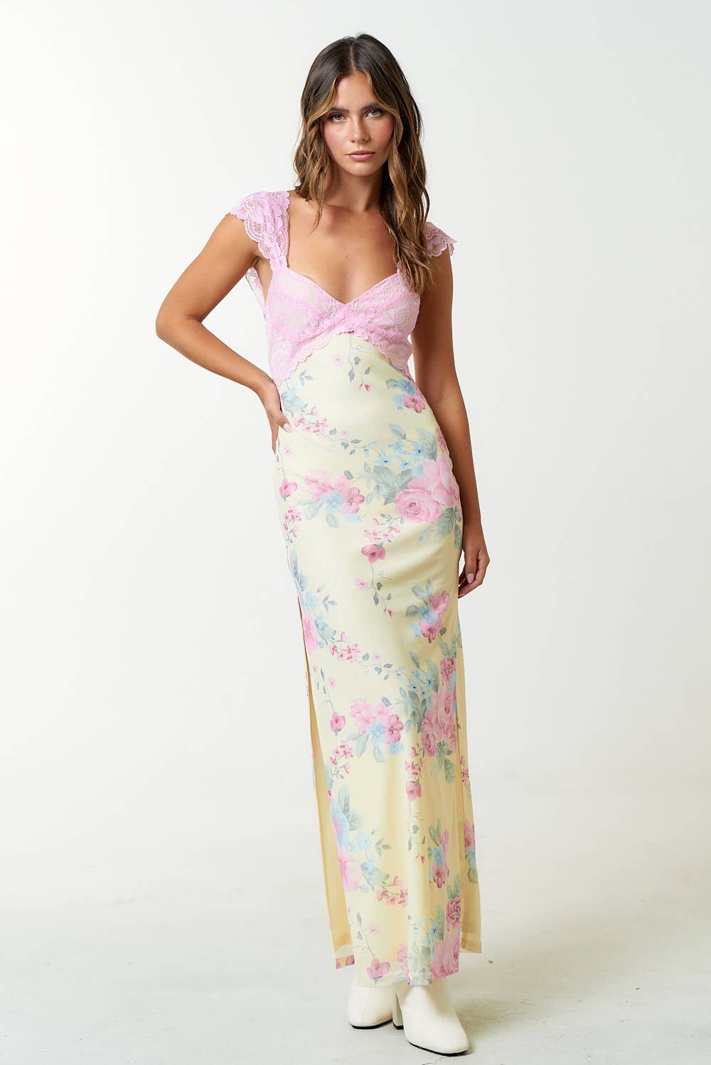 Mesh Floral  Print Lace Detail Side Slit Maxi Dress - Premium Dress from Blue Blush - Just $60! Shop now at Ida Louise Boutique