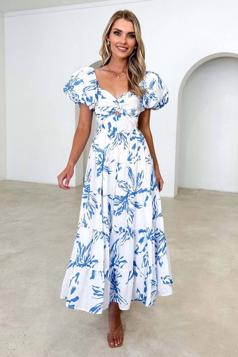 Blue Puff Sleeve V-Neck Midi Dress - Premium Dresses from NINEXIS - Just $65! Shop now at Ida Louise Boutique