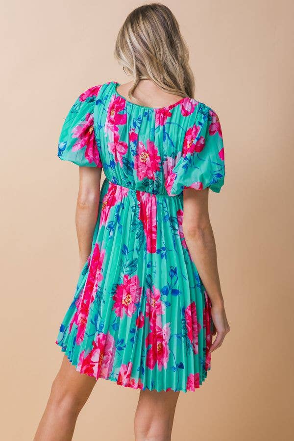 Teal & Pink Pleated Mini Dress - Premium Dresses from FLYING TOMATO - Just $68! Shop now at Ida Louise Boutique