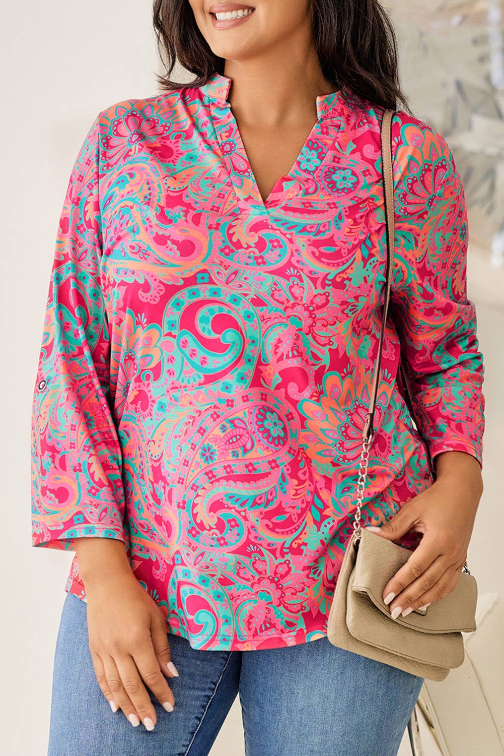 3/4 Length Sleeve Paisley V Neck Plus Size Blouse Women - Premium Tops from 66DISCO - Just $42! Shop now at Ida Louise Boutique