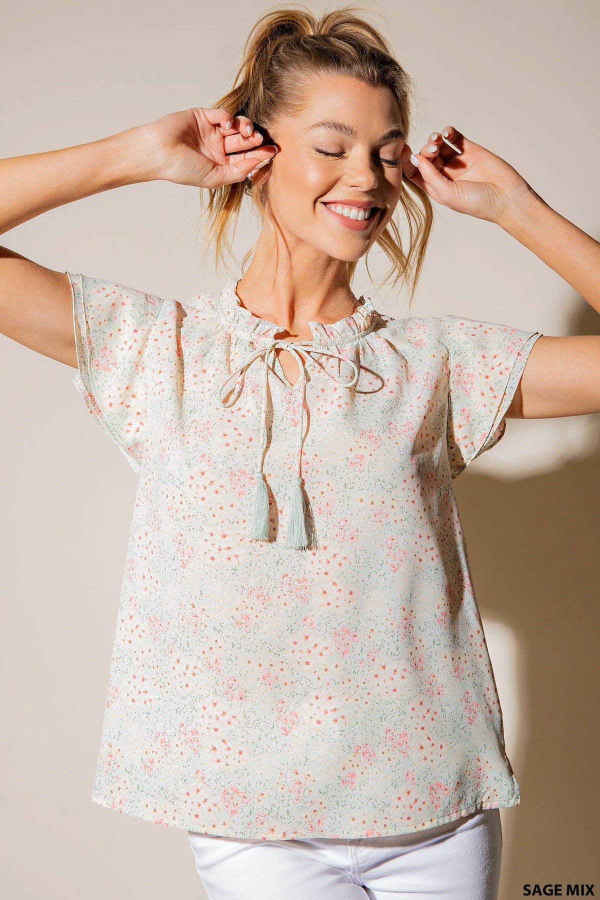 PRINTED POLY 3 LAYERS RUFFLE SLEEVES FRONT TIED - Premium Tops from Kori - Just $48! Shop now at Ida Louise Boutique